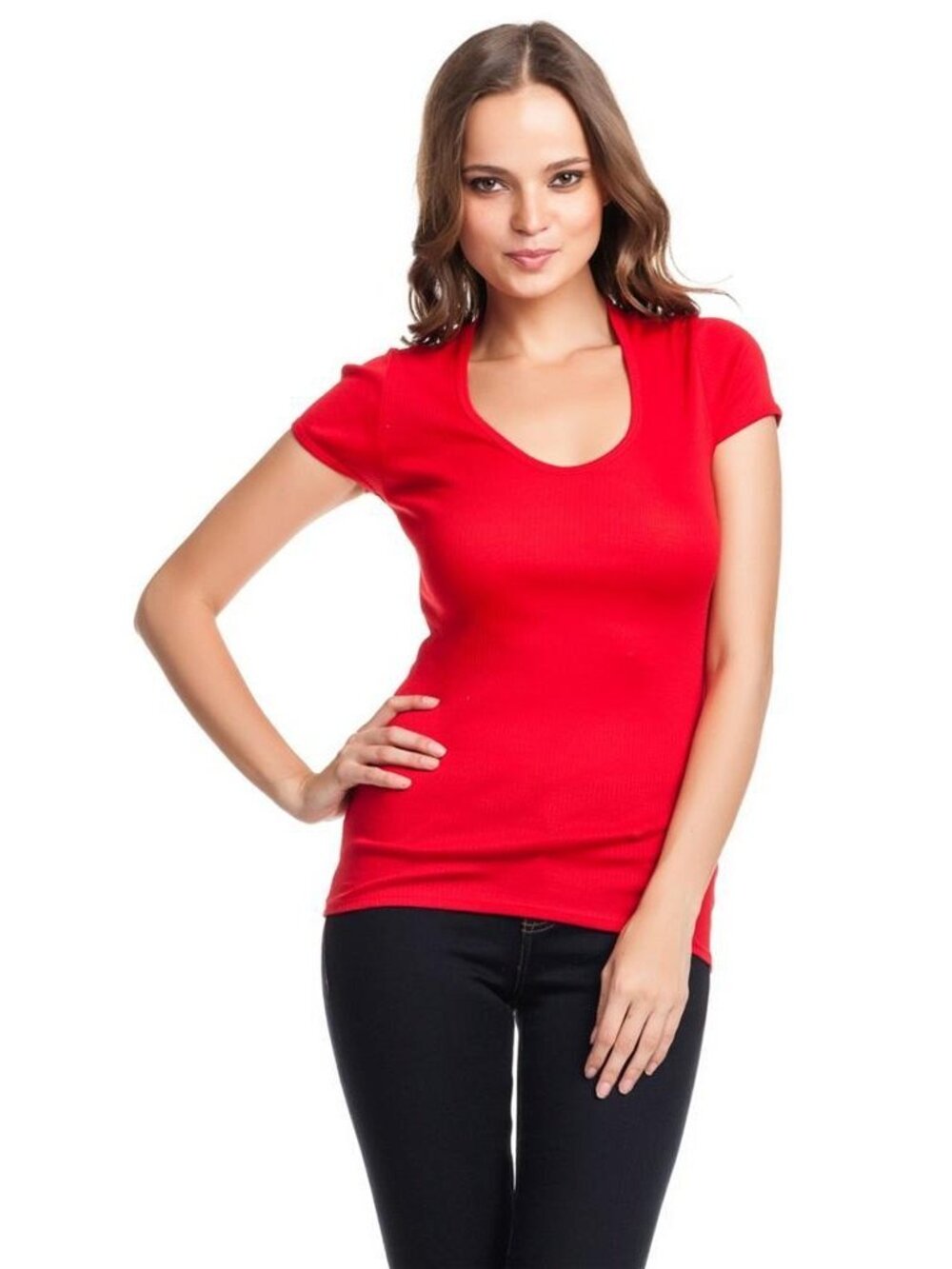 AIKO Karo Mercerized Tee Cherry Pop Red Ribbed Cotton Scoop Neck NWT